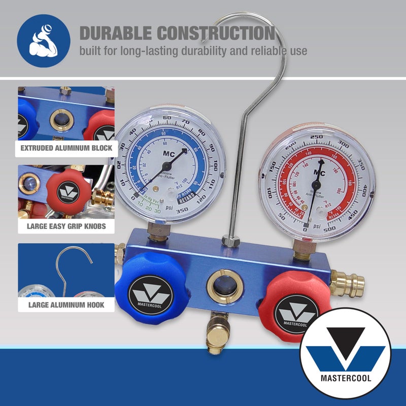 Mastercool 89660-PRO5 Automotive R134a 2-Way Manifold Gauge Set with 3-in-1 Can Tap Valve â€“ U.S. Designed, Assembled, and Tested â€“ Includes 60" Hoses and R134a Couplers - Image 3